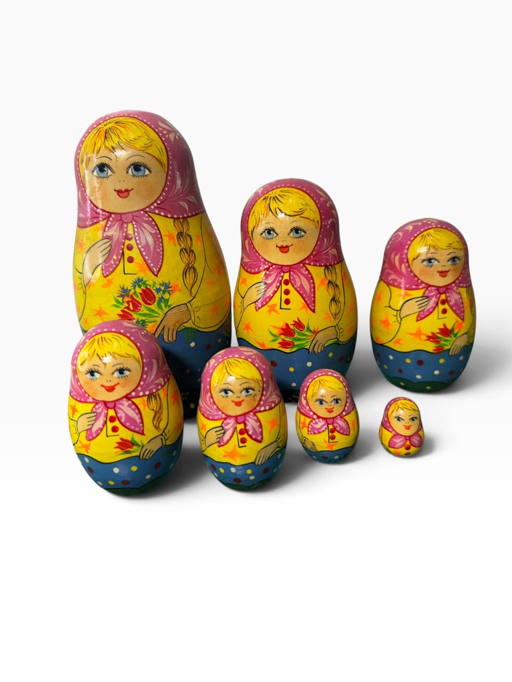 Russian Matryosha Hand Painted Nesting Babyshka set of 7 Dolls